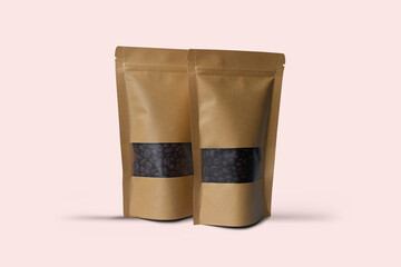 Two blank brown Kraft paper bag with coffee beans in transparent window on white background....