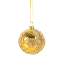 New year golden ball hanging on a rope isolated