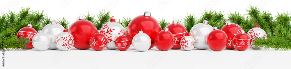 Wall mural Isolated glossy christmas decoration lined up on white. 3D rendering red shiny baubles ornaments. Merry Xmas cut out background