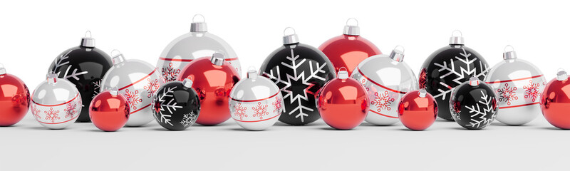 Isolated glossy christmas decoration lined up on white. 3D rendering red shiny baubles ornaments. Merry Xmas cut out background - 539740640