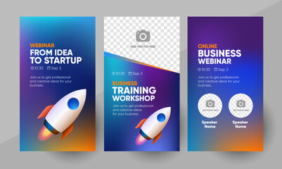 Business webinar social media story template. Background and business startup 3d illustration for social media banner post design in vector. Editable layout with a place for picture.