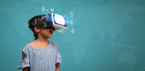 Little Asian girl child with virtual reality headset is exciting for new experiencing. Concept of 3D gadget technology and virtual world gadgets game and online education in the future