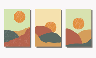 Mid century modern minimalist art  mountain and moon 