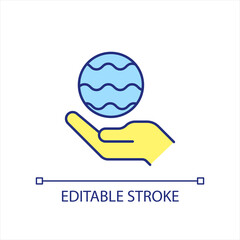 Hand hold ball with water yellow and blue RGB color icon. Hydro power. Aqua element. Alternative energy. Isolated vector illustration. Simple filled line drawing. Editable stroke. Arial font used