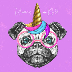 Handrawing animal dog wearing cute glasses with unicorn horn. T-shirt graphic print. Vector illustration