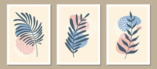 Fototapeta na wymiar wall art vector set. Foliage line art drawing with abstract shape. Abstract Plant Art design for print, cover, wallpaper, Minimal and natural wall art. Vector illustration.