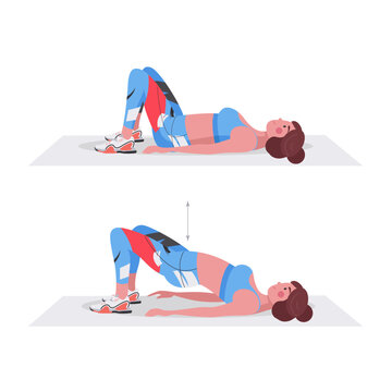 Glute bridge exercise, young female athlete doing fitness exercise, fitness at home.