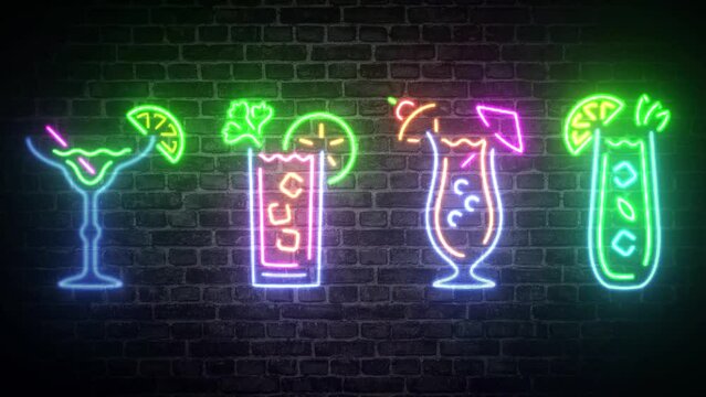 Tropical neon cocktail drink collection on brick 