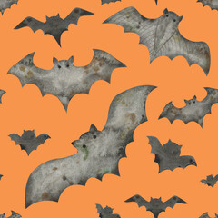 Fototapeta premium Watercolor seamless pattern with black bats. Orange repeatable background for Halloween design create