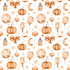 Halloween seamless pattern with orange pumpkins, balloons, bows, stars, moon. Watercolor repeatable background