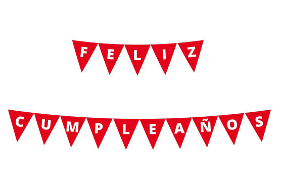 Banderin de Feliz cumpleaños de color rojo sobre un fondo blanco liso y aislado. Vista de frente y de cerca. Copy space