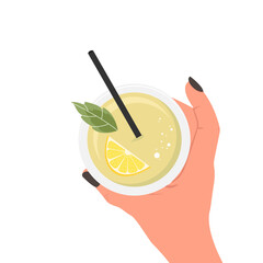 Illustration of a woman's hand with a cocktail, juice with a lemon slice and a mint in her hand. Concept of good nutrition and healthy lifestyle. Vector