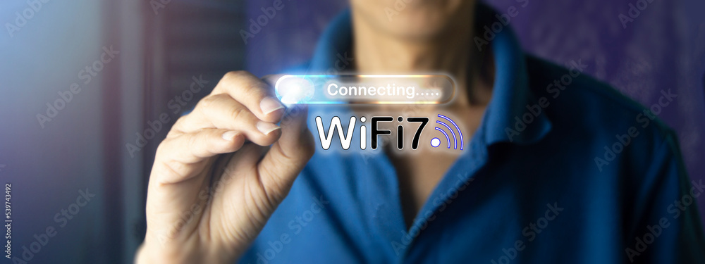 Poster concept man using wifi technology 7 connected to the internet world with new technology
