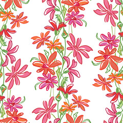 Seamless pattern of drawn red daisies flowers