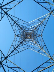 Artistic perspective photo of a pylon and high power lines