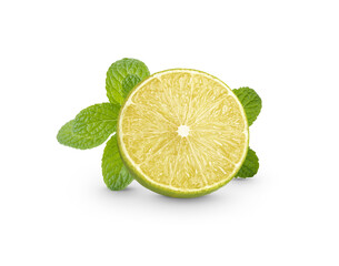 Fresh lime sliced with mint leaves isolated on transparent background (.PNG)