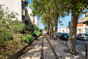 Tramway rails in the city of Sintra, Portugal