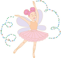 Gentle illustration with ballerina in pink dress dancing with flowers. 