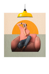 A photographer with a camera sits in a chair. Art in the form of a collage.