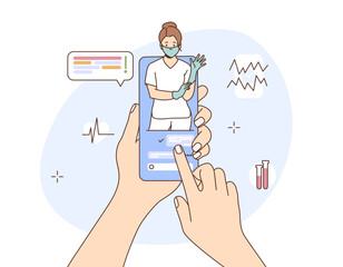 Smartphone screen with female therapist or nurse in chat of messenger on online consultation. Ask the doctor. Online medical consultation, telemedicine. Vector illustration in hand drawn cartoon style