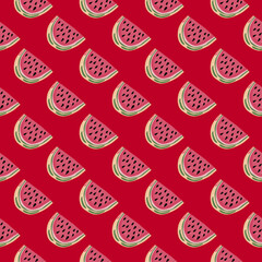 Hand drawn watermelon slices seamless pattern. Cute watermelons endless wallpaper. Funny fruit backdrop.
