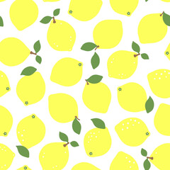 Vector seamless pattern with fresh lemons on white background.  