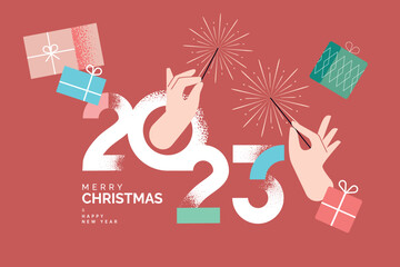 Christmas and New Year greeting card. Modern vector illustration concept for greeting card, website and mobile website banner, party invitation card, posters, social media banners.