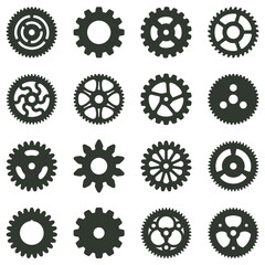 Set of gearwheels of different style, pinions and gears, part of machinery, vector - obrazy, fototapety, plakaty