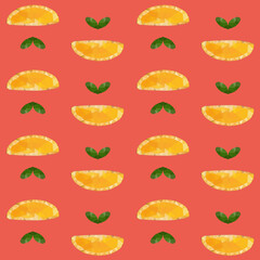 Naklejka premium Seamless pattern of orange slices in low poly style. Repeating background vector for summer fabric, decoration, backdrop, textile, wallpaper and fashion design.