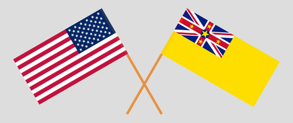 Crossed flags of the USA and Niue. Official colors. Correct proportion