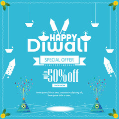 Happy Diwali with firecrackers rockets up to 50% off banner template design. Indian festival of lights, sale offer, greeting card template, Diwali flower pot. Vector illustration
