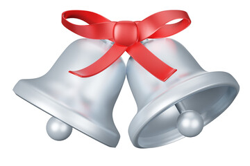 Christmas bell silver glitter with red ribbon 3d rendering Happy New Year decoration element
