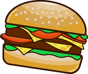 Isolated vector Illustration of Burger with sesame, meat ham and cheese isolated, icon, symbol, logo