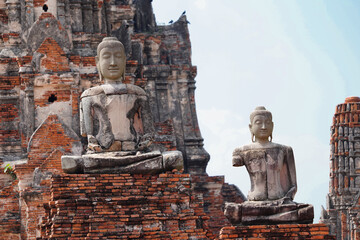 Ruins of pagodas and monks in Wat Khai Watthanaram, Ayutthaya, Thailand that were destroyed by...