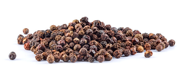Hill of black pepper isolated on white background. Aromatic black pepper.