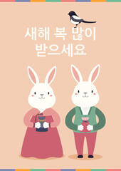 2023 Lunar New Year Seollal cute rabbits in hanboks with gifts, magpie, Korean text Happy New Year. Hand drawn vector illustration. Flat style design. Concept for holiday card, poster, banner.