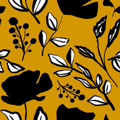 Naklejka premium Abstract Hand Drawing Flowers Leaves and Branches Sketch Seamless Vector Pattern Isolated Background