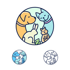 Pet care logo with cartoon dog, cat, rabbit, hamster, line art vector illustration with color variations - 539750074
