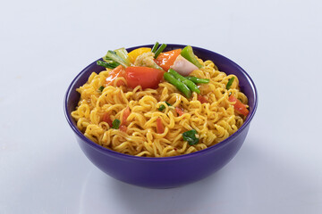 plane, chicken, egg, beef, prawn instant noddle's isolated on white background for design or...