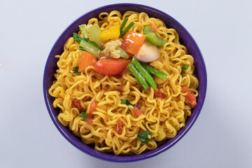 plane, chicken, egg, beef, prawn instant noddle's isolated on white background for design or packaging