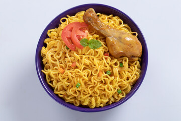 plane, chicken, egg, beef, prawn instant noddle's isolated on white background for design or packaging