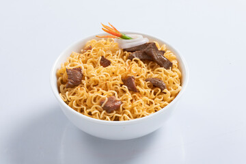 plane, chicken, egg, beef, prawn instant noddle's isolated on white background for design or packaging