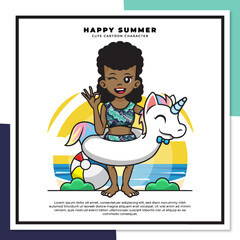 Cute cartoon character of summer black girl is holding unicorn float