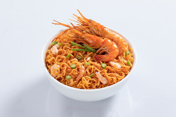 plane, chicken, egg, beef, prawn instant noddle's isolated on white background for design or packaging