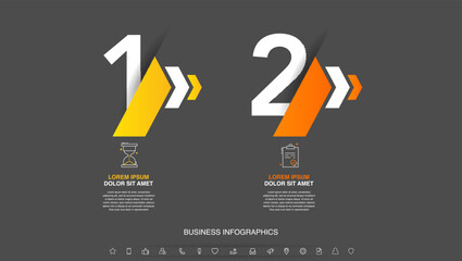 Modern vector flat illustration. Infographic numbers template with two arrows, icons. Timeline designed for business, presentations, web design, interface, diagrams with 2 steps on black background