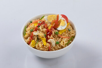 plane, chicken, egg, beef, prawn instant noddle's isolated on white background for design or packaging