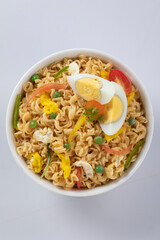 plane, chicken, egg, beef, prawn instant noddle's isolated on white background for design or packaging