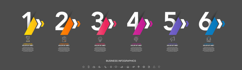 Modern vector flat illustration. Infographic numbers template with 6 arrows, icons. Timeline designed for business, presentations, web design, interface, diagrams with six steps on black background