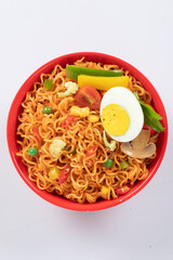 plane, chicken, egg, beef, prawn instant noddle's isolated on white background for design or packaging