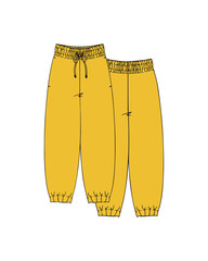 breeches. fashion. pants on both sides. vector illustration. design. yellow sweatpants with laces. joggers, pants. icon. jeans. 
sport